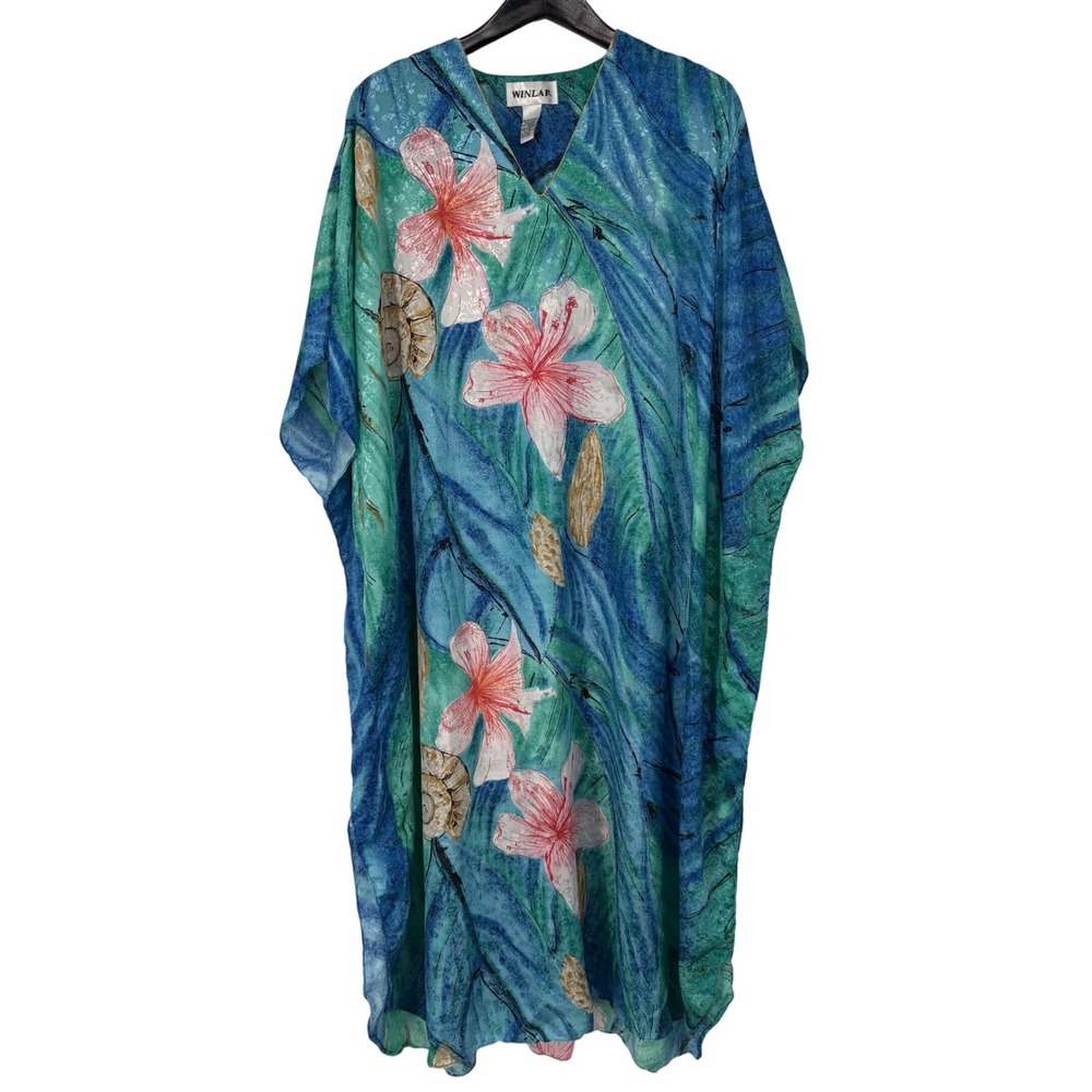 Vintage Winlar Women Blue Tropical Floral Seashell Kaftan Maxi Dress‎ Lounger OS